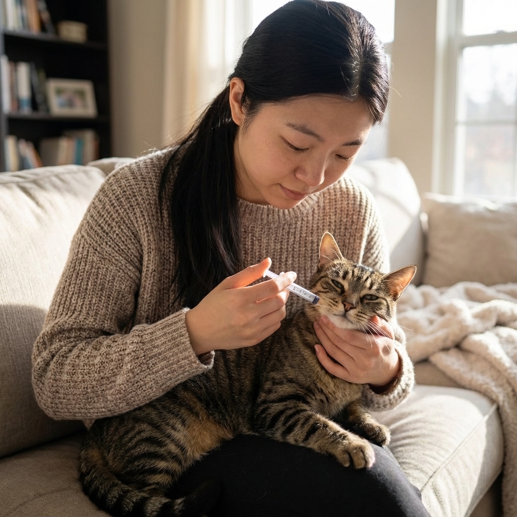 A person holding a small oral dosing syringe near a calm cat's mouth, administering a tiny amount of medication into the cheek pouch in a home setting, realistic photo