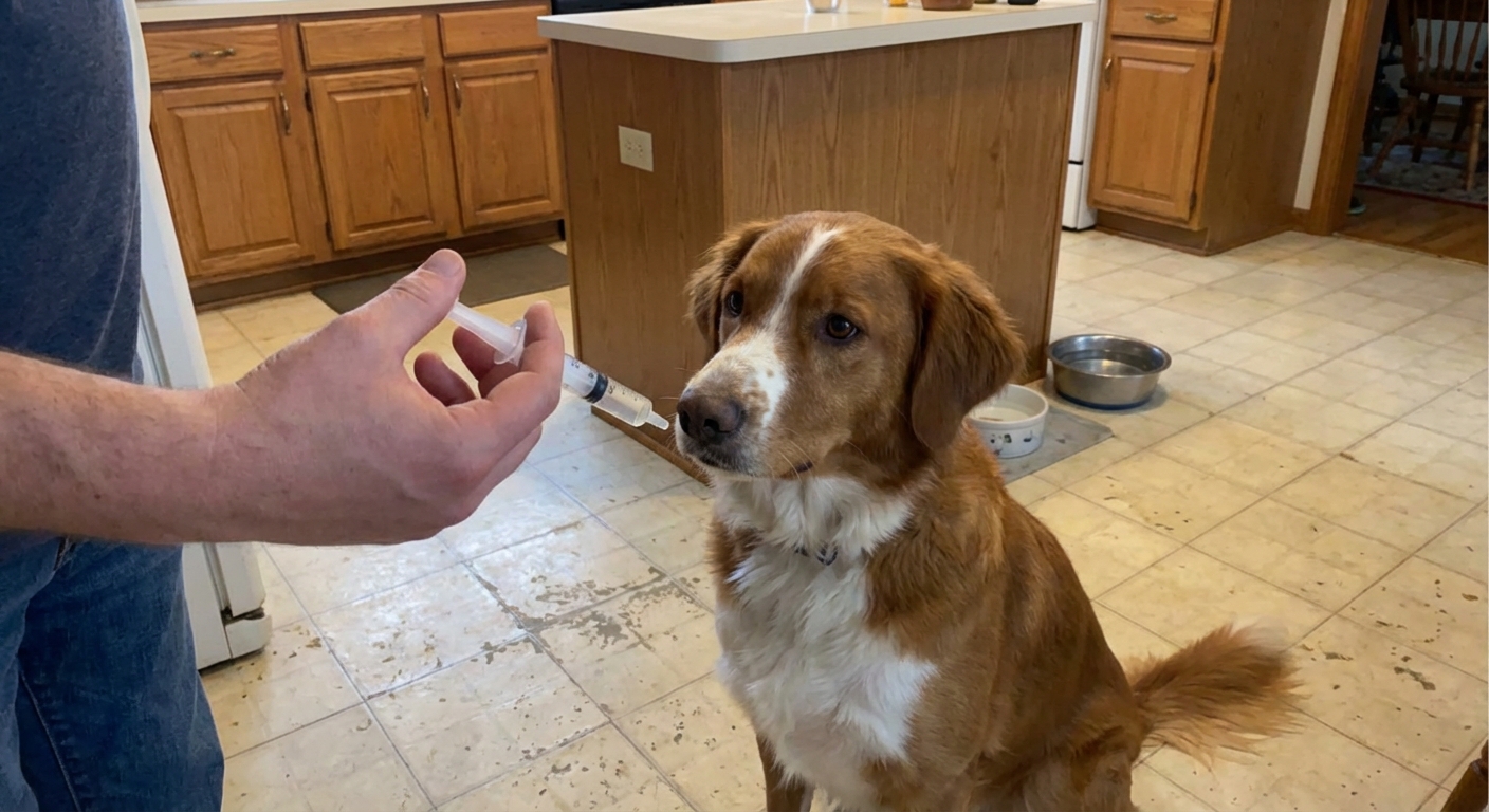 A person holding a small oral dosing syringe next to a dog sitting calmly on a kitchen floor, realistic photography