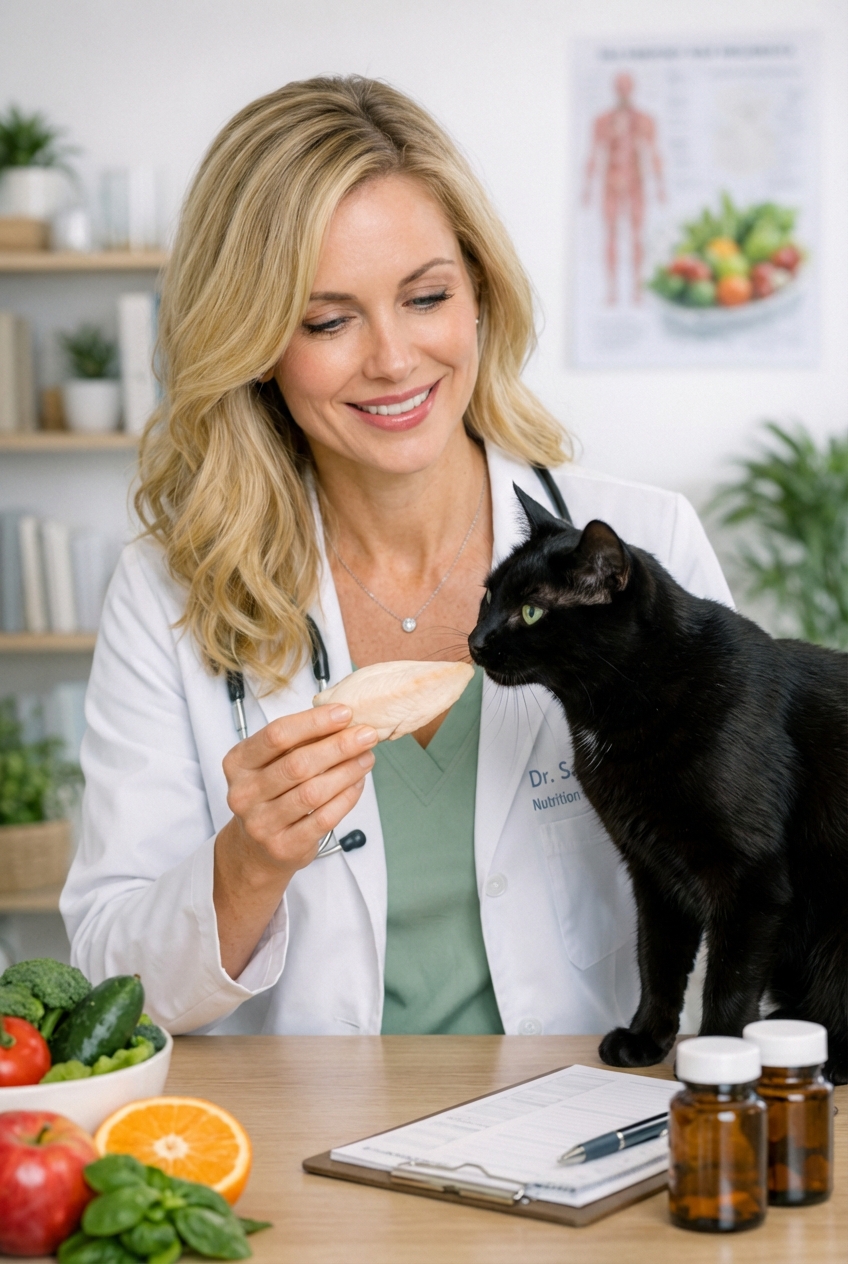 A person holding a small piece of plain cooked chicken while a black cat reaches forward to sniff it