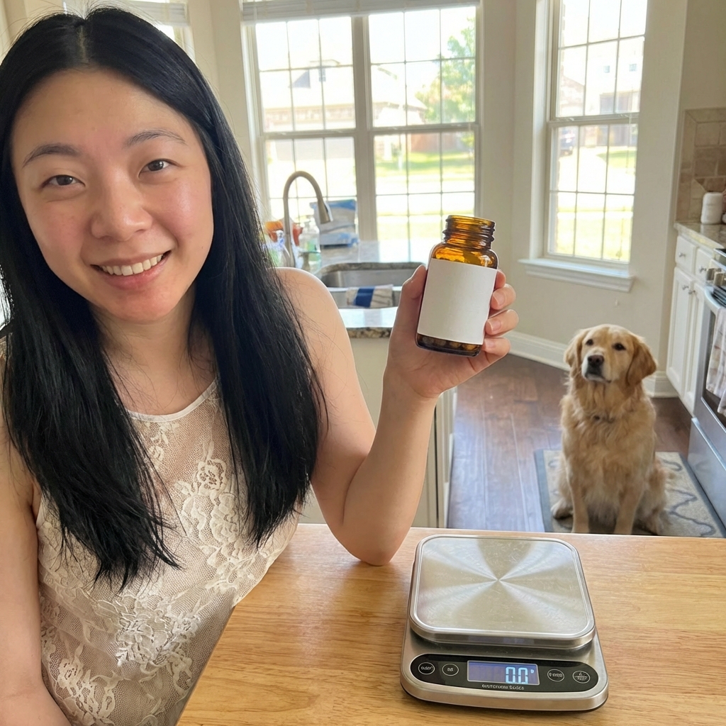 A person holding a small plain pill bottle next to a kitchen scale with a dog sitting calmly nearby