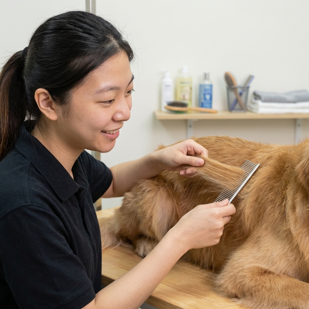 A person holding a small section of dog hair near the skin while using a metal comb through the ends