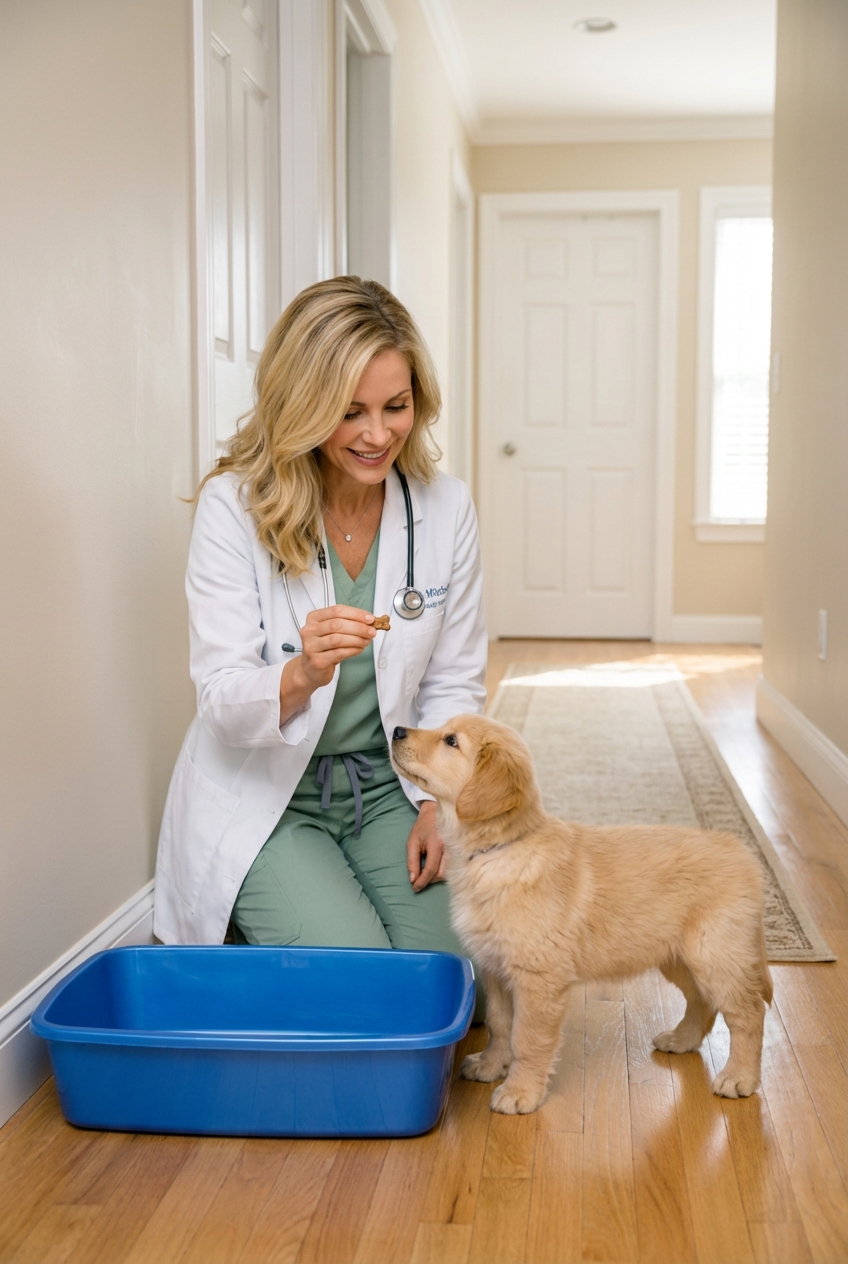 A person holding a small treat while a puppy stands next to a litter box in a hallway