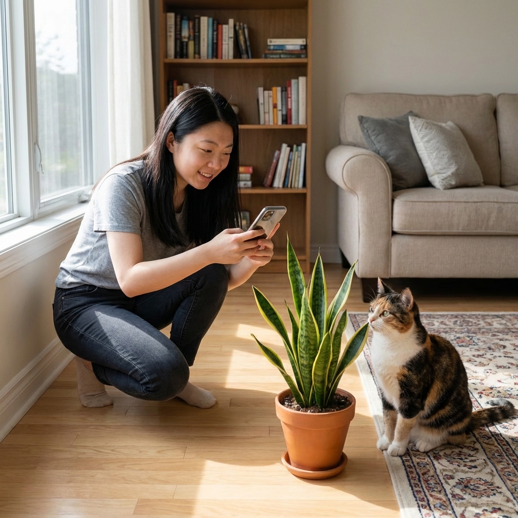 A person holding a smartphone and taking a photo of a houseplant near a cat on a living room floor