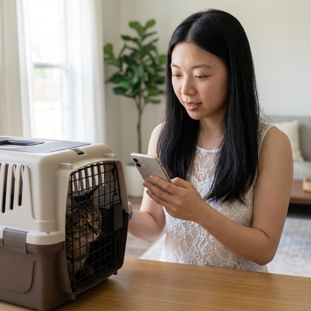 A person holding a smartphone near a cat carrier while preparing to call a veterinary clinic