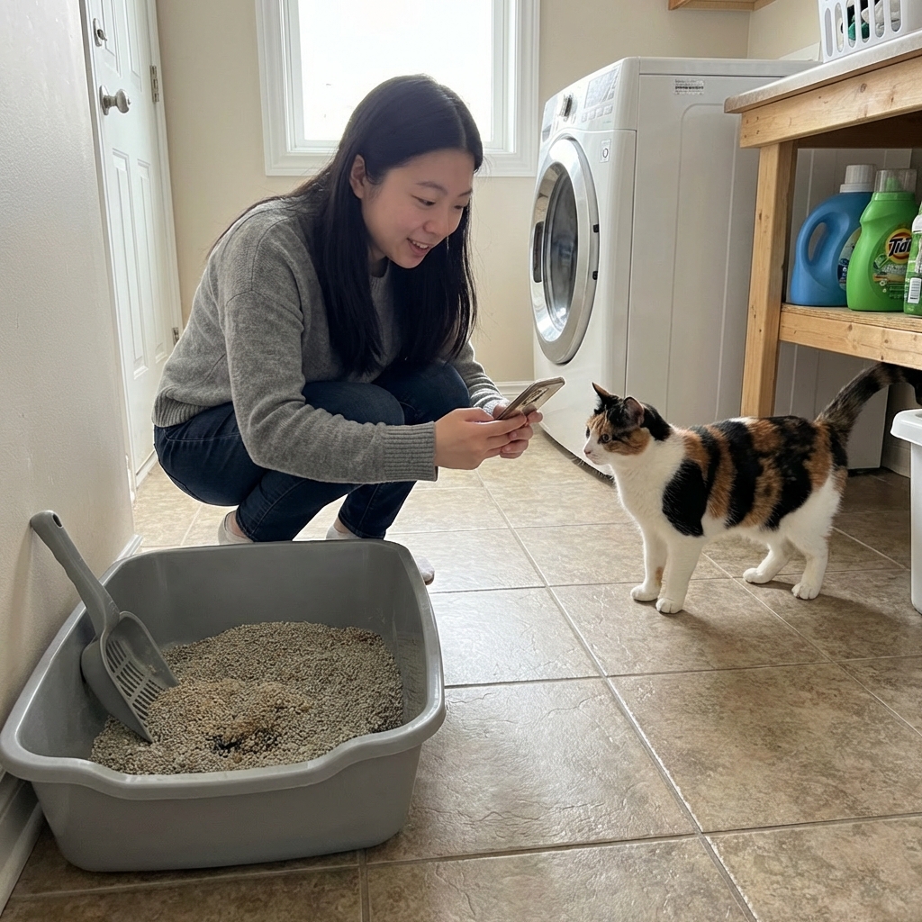 A person holding a smartphone near a cat litter box while the cat stands nearby