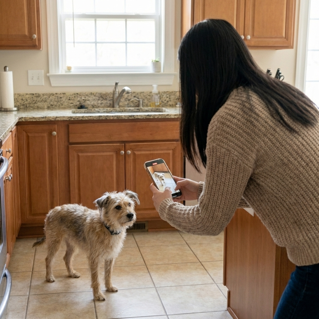 A person holding a smartphone near a dog to record a short video while the dog stands calmly