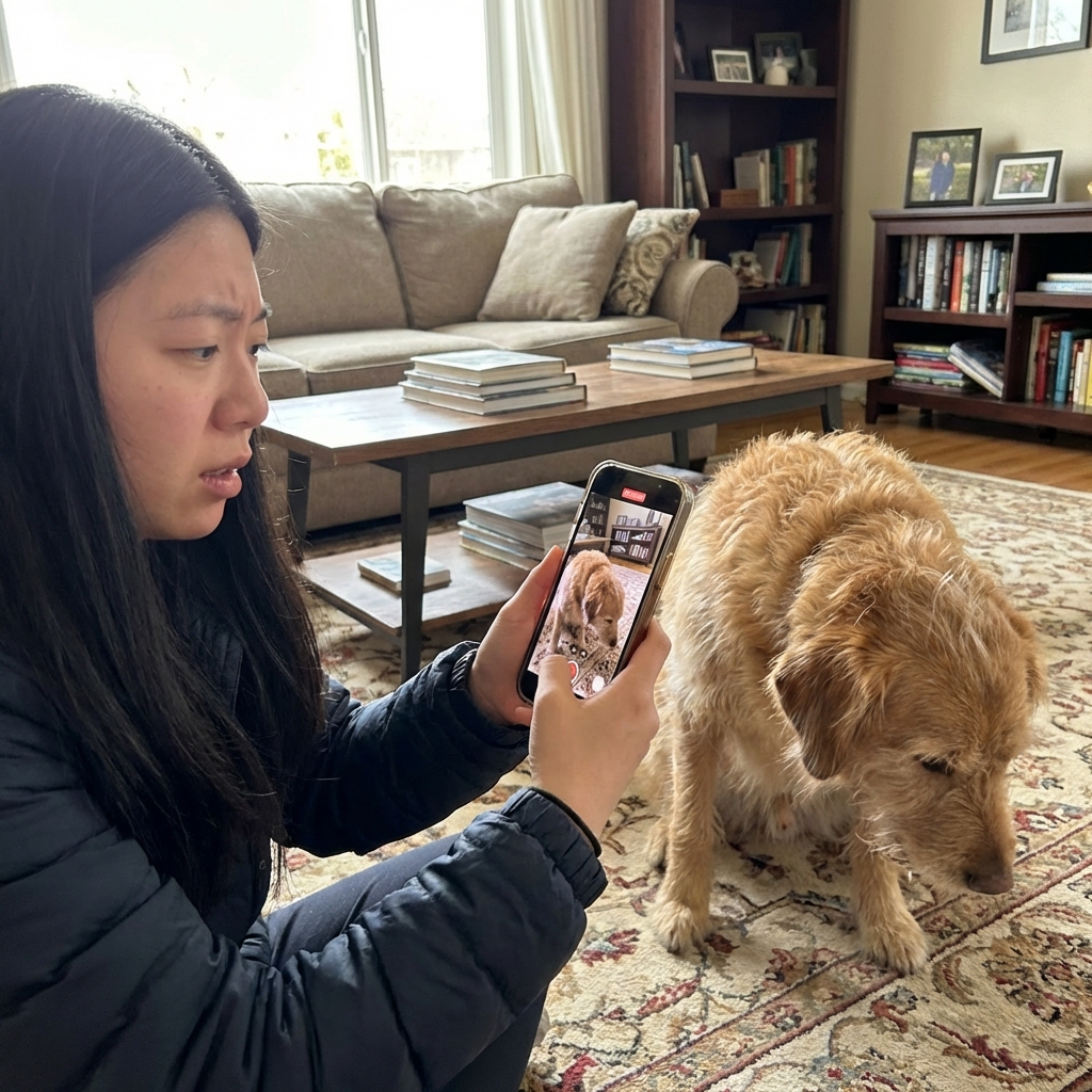 A person holding a smartphone recording a short video of a coughing dog in a living room