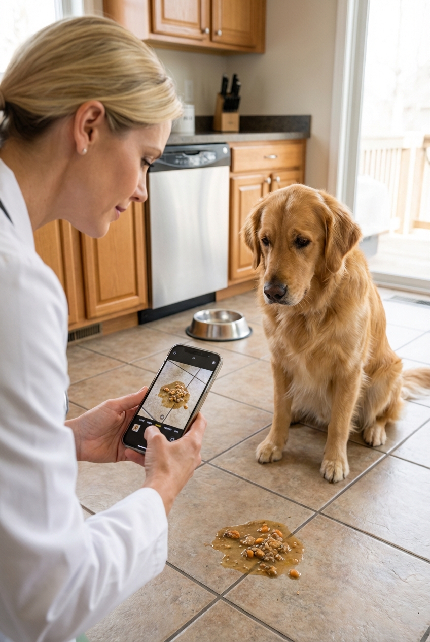 A person holding a smartphone taking a photo of a small vomit spot on a kitchen floor while a dog waits nearby