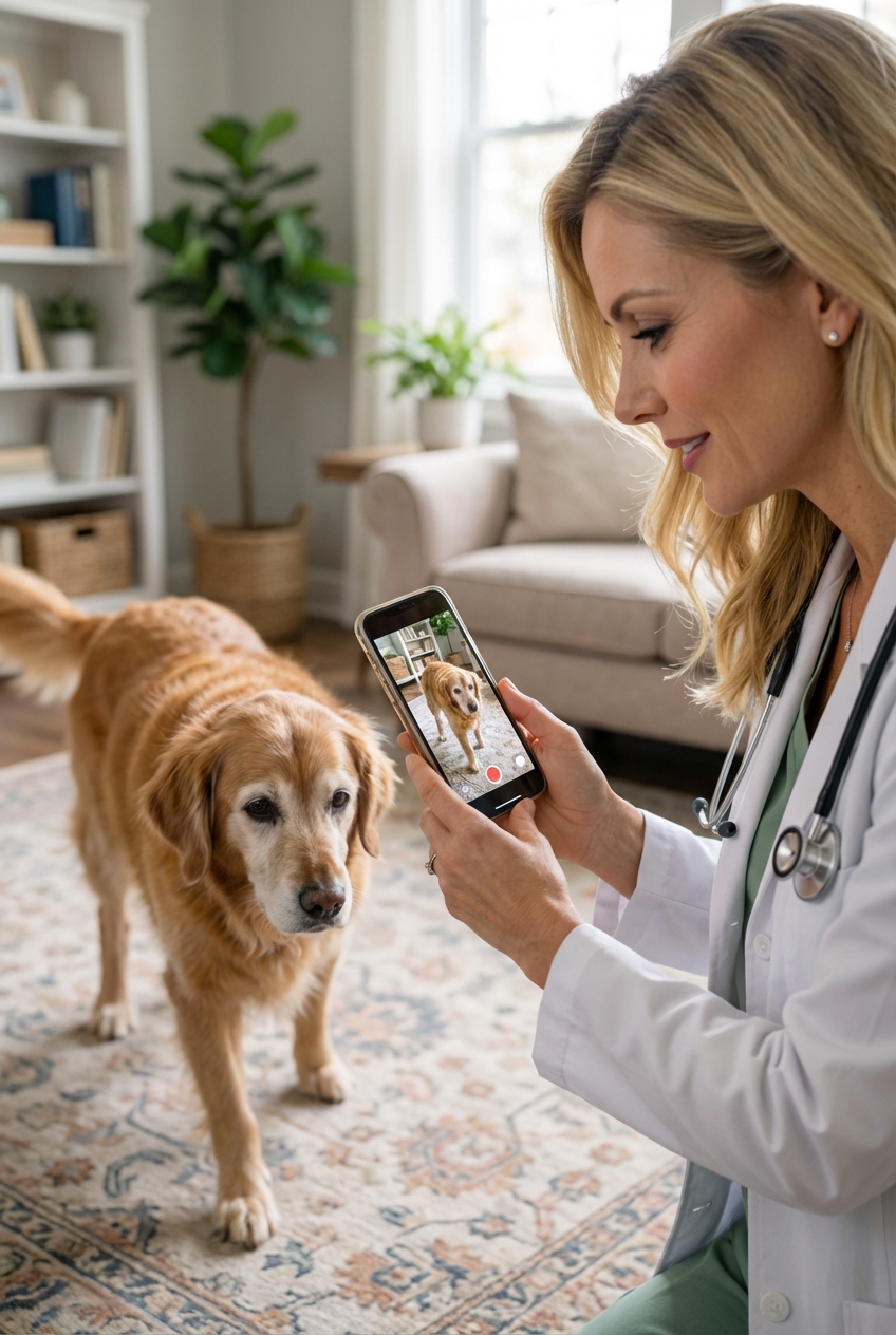 A person holding a smartphone while recording a senior dog pacing in a quiet living room