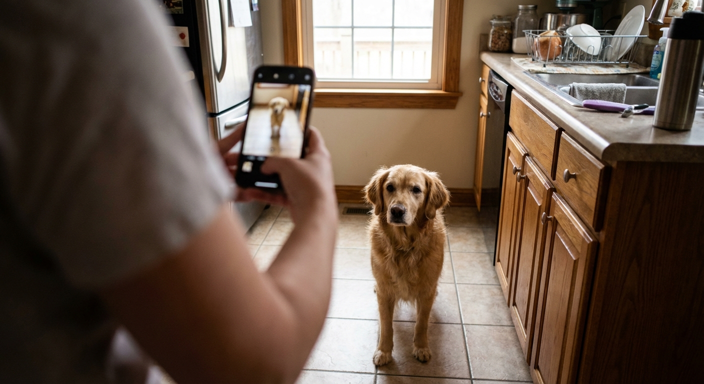 A person holding a smartphone while recording a short video of a dog standing calmly in a kitchen