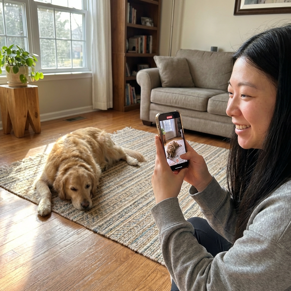 A person holding a smartphone while recording a video from across the room as a dog lies on a carpet