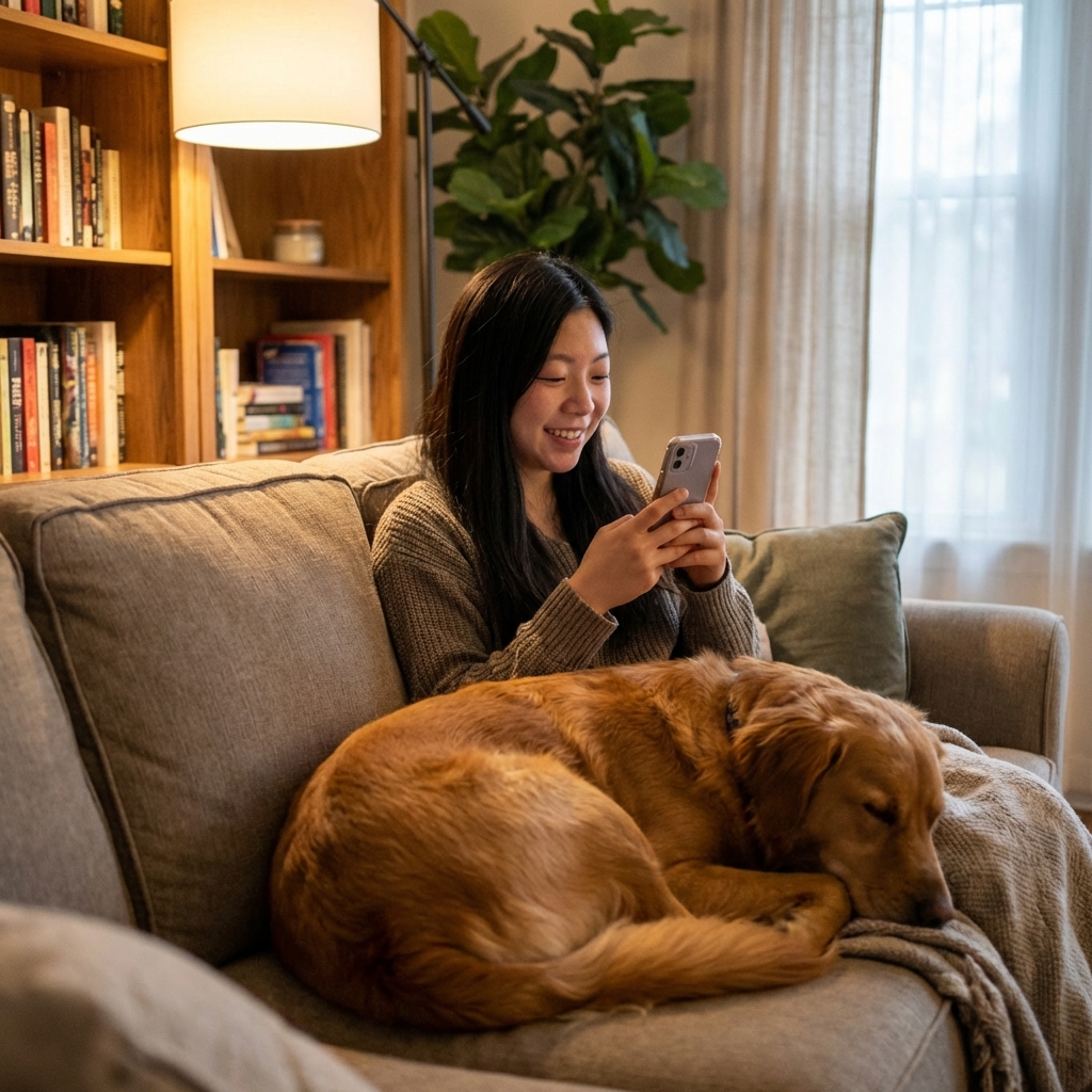 A person holding a smartphone while their dog lies nearby on a couch, both in a cozy living room