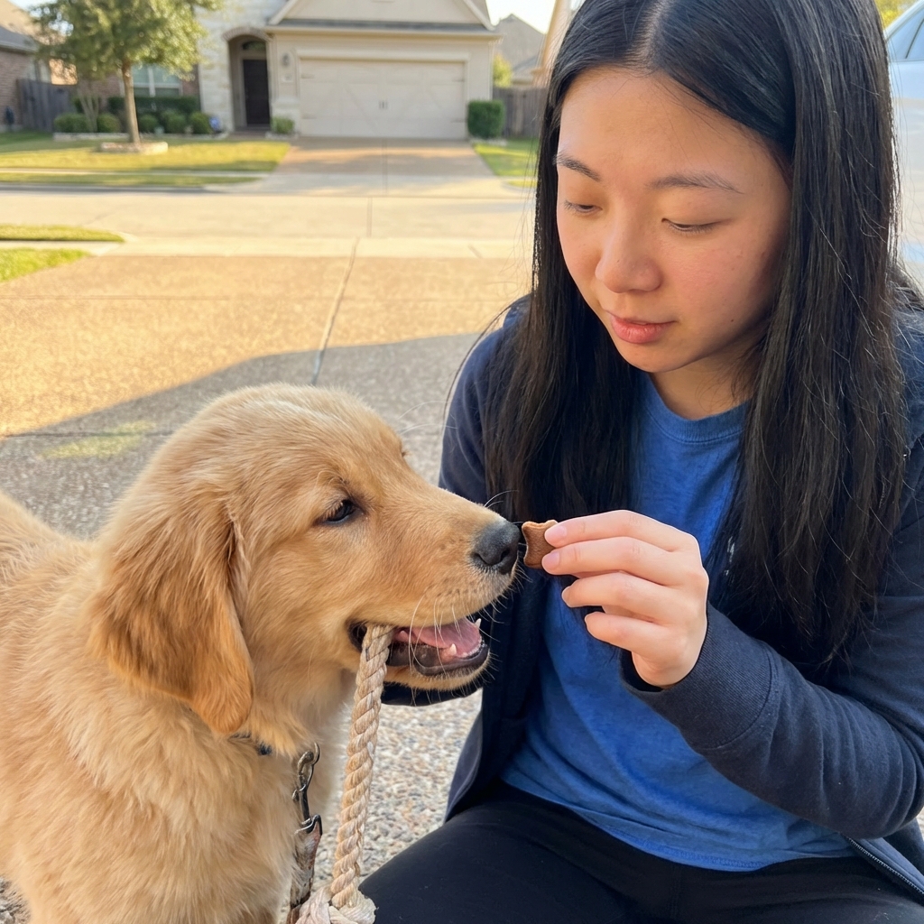 A person holding a soft treat near a puppy’s nose while the puppy loosens its mouth on a rope toy