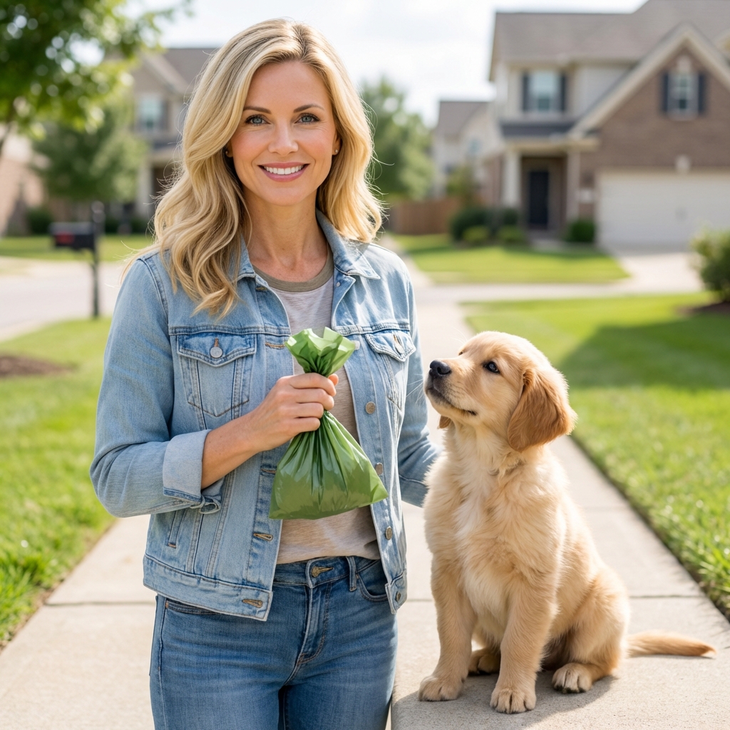A person holding a tied dog waste bag while standing next to a puppy on a sidewalk