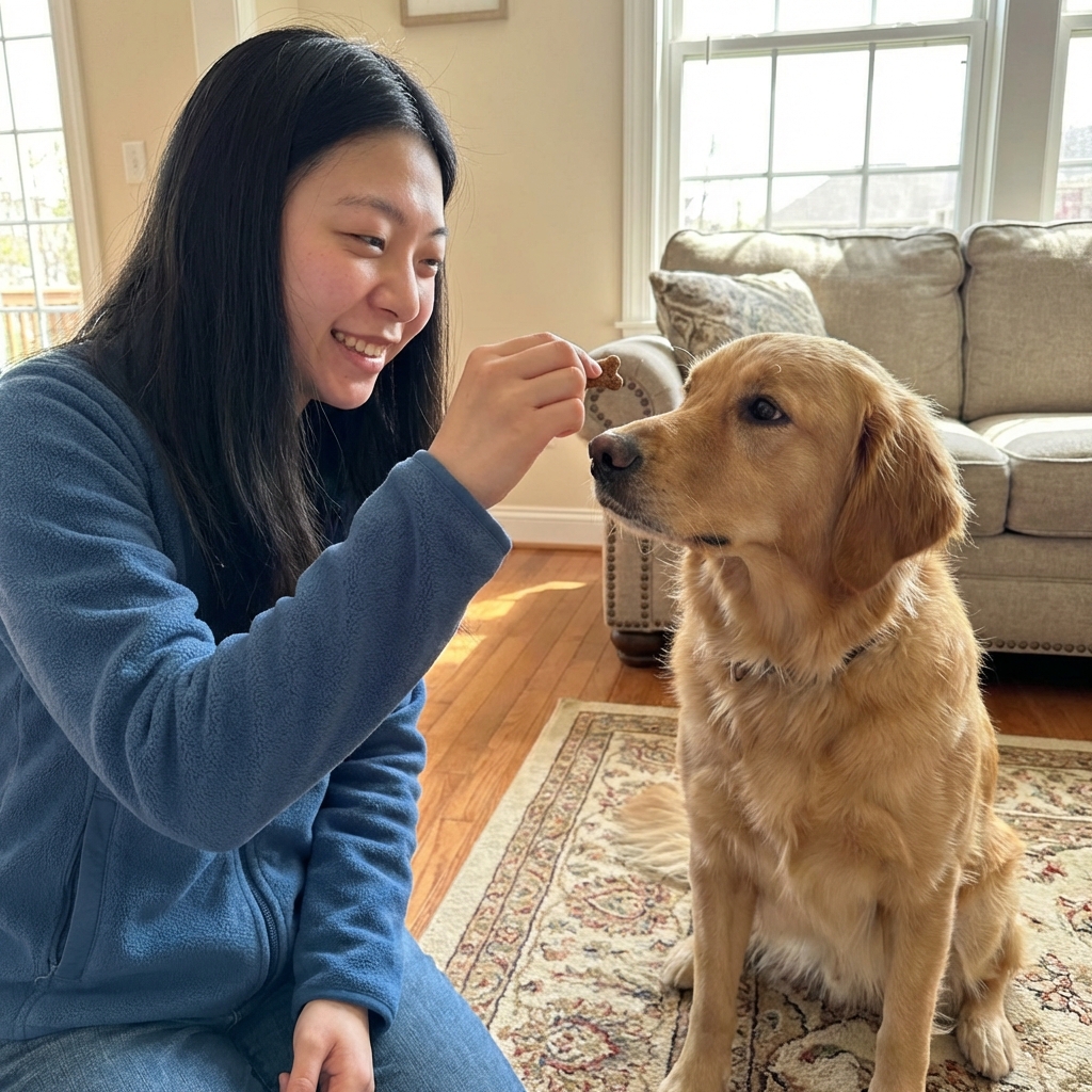 A person holding a treat above a dog’s head as the dog begins to sit on a rug