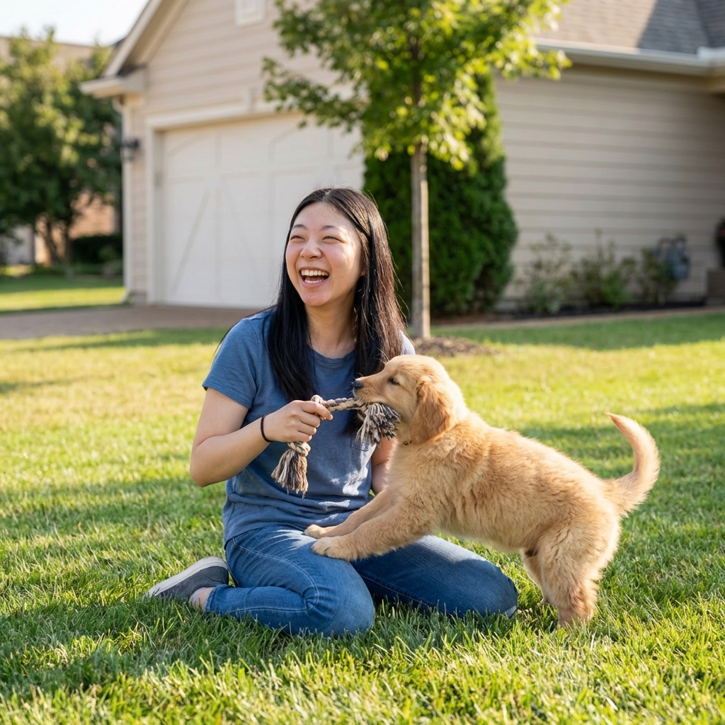 A person holding a tug toy while a puppy plays gently in a backyard