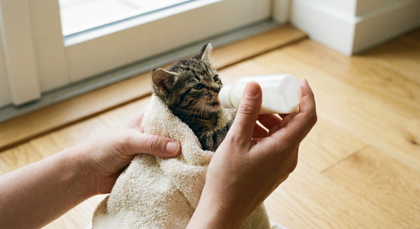 A person holding a very young kitten wrapped in a soft towel while offering a small bottle