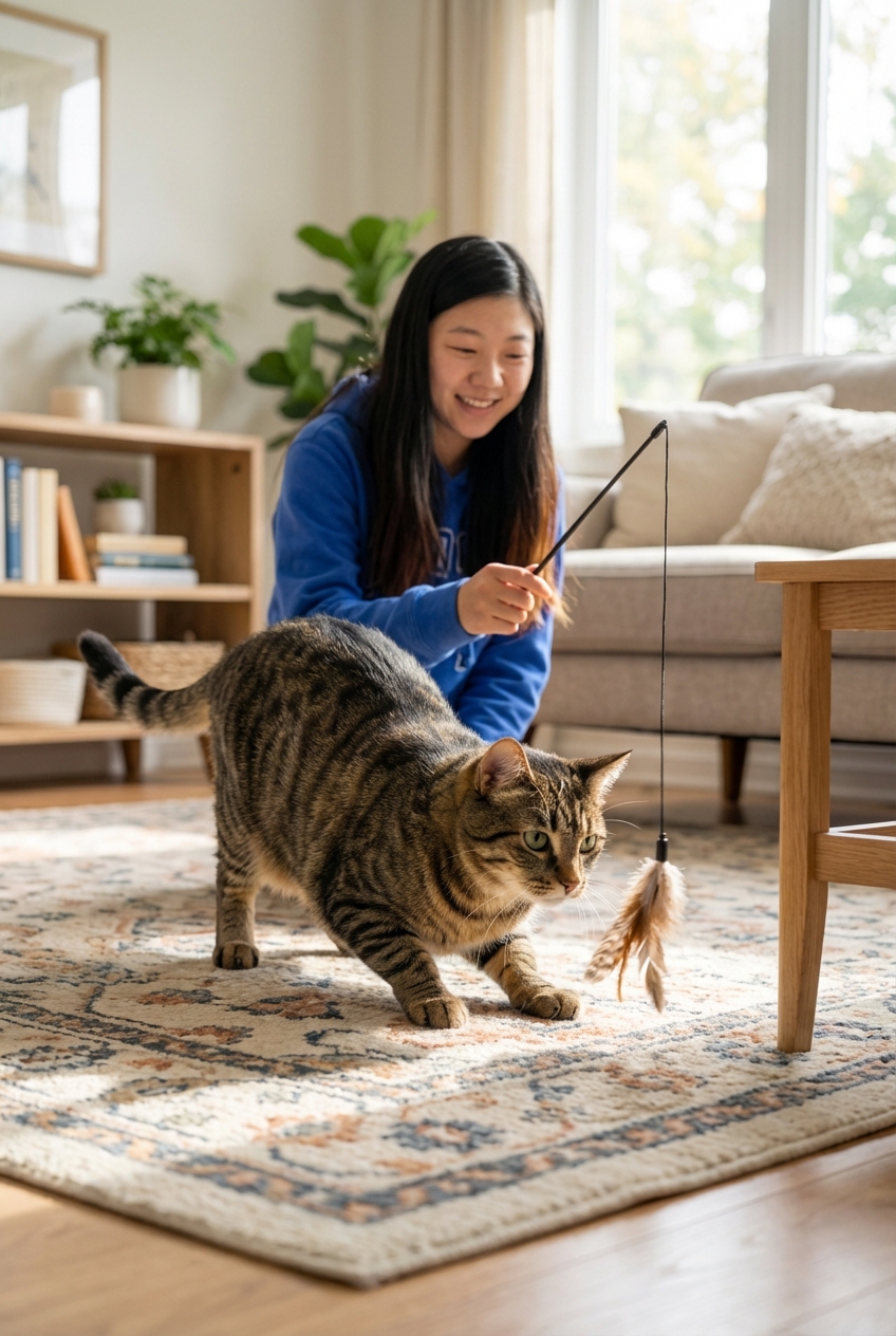 A person holding a wand toy while a cat crouches and prepares to pounce in a bright living room