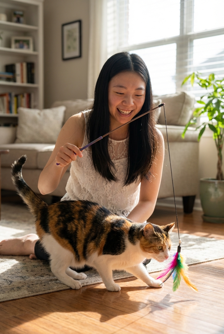 A person holding a wand toy while a cat crouches and focuses, ready to pounce