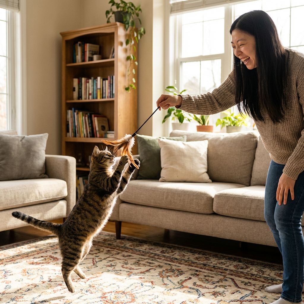 A person holding a wand toy while a cat jumps up to bat at the feather attachment in a living room