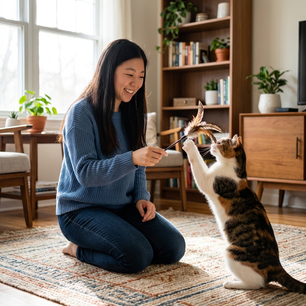 A person holding a wand toy while a playful cat reaches up on a rug in a living room
