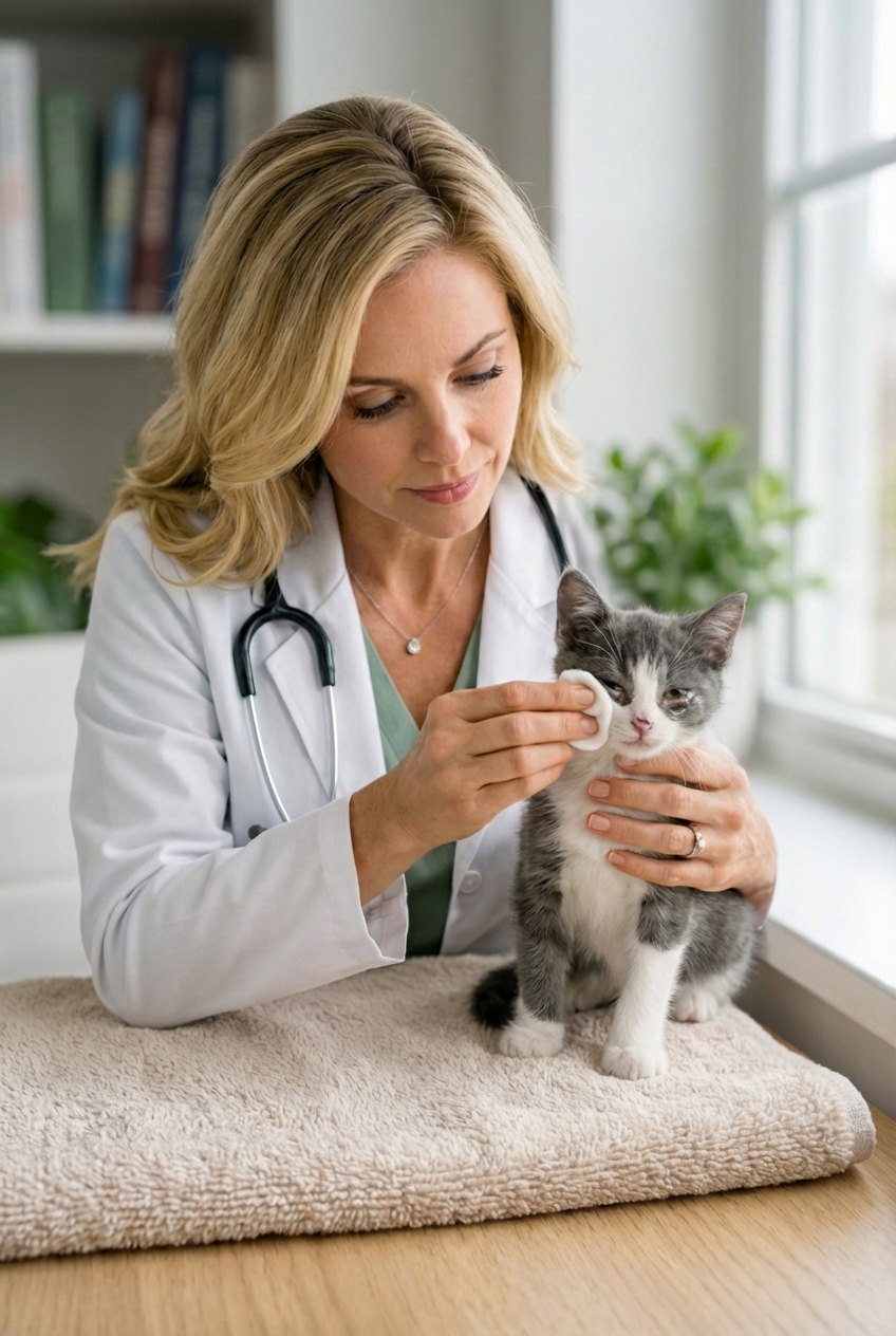 A person holding a warm damp cotton pad near a kitten’s face while the kitten sits calmly on a towel