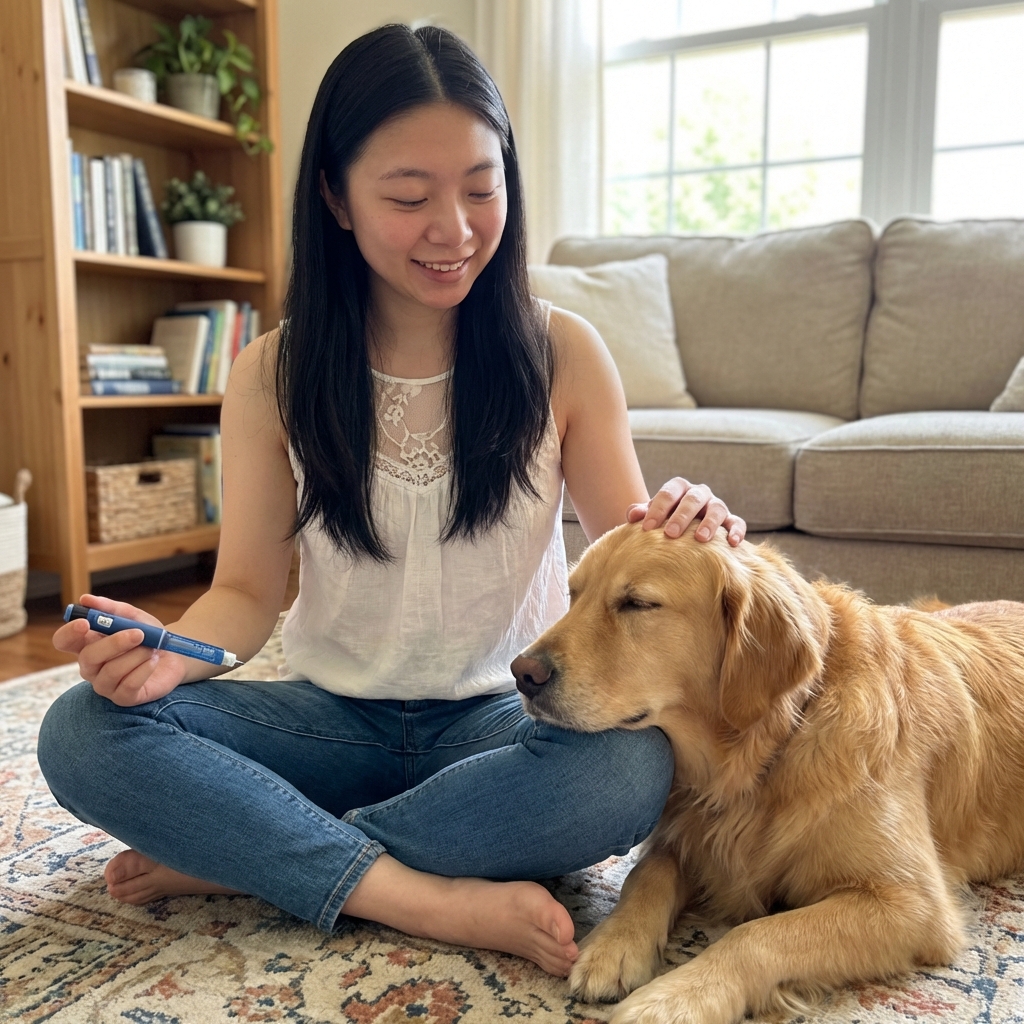 A person holding an insulin pen and gently petting a calm dog on a living room floor