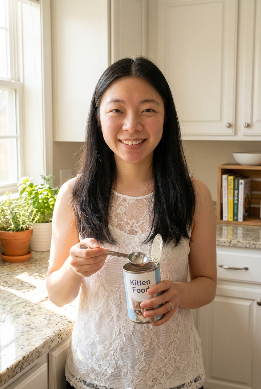 A person holding an opened can of kitten food next to a measuring spoon in a bright kitchen