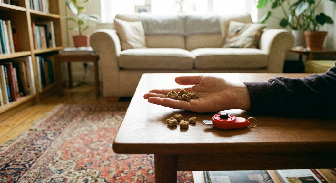A person holding small dog training treats in one hand next to a clicker on a coffee table
