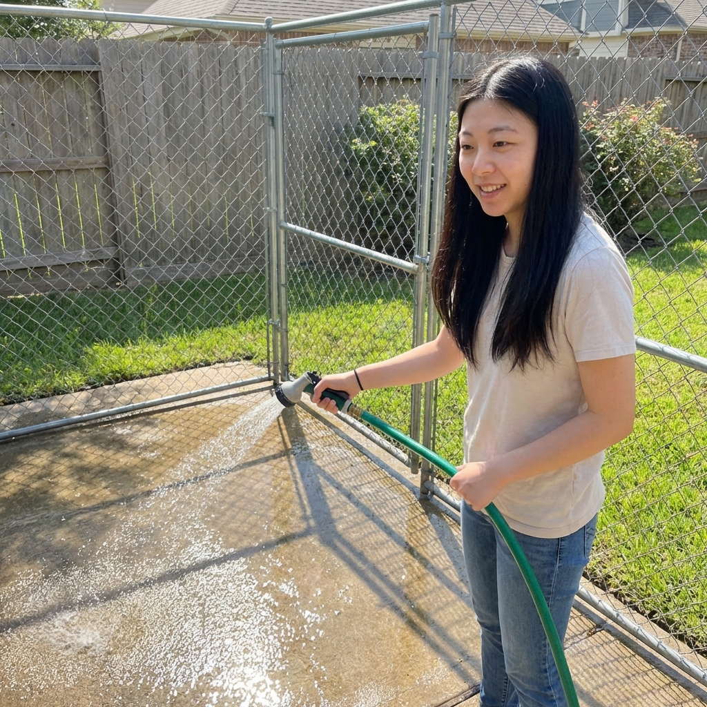 A person hosing down a concrete kennel run in a backyard on a sunny day