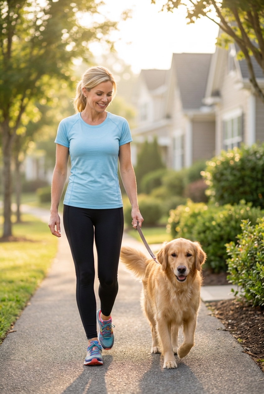 A person in athletic shoes walking a dog on a leash along a neighborhood trail in the morning