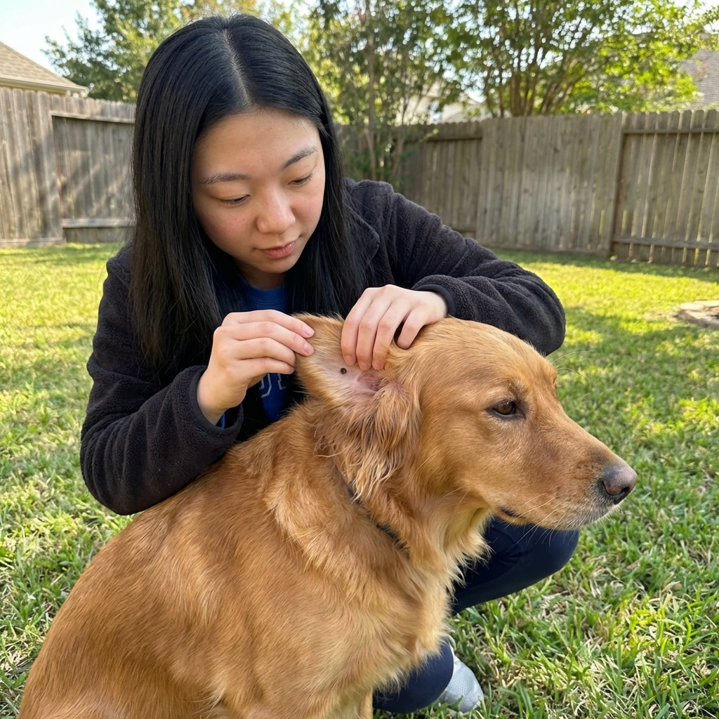 A person kneeling beside a dog outdoors while gently checking the dog's ear flap for ticks