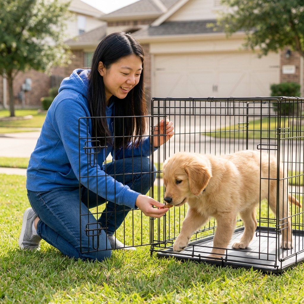 A person kneeling beside an open dog crate while offering a treat to a puppy stepping inside