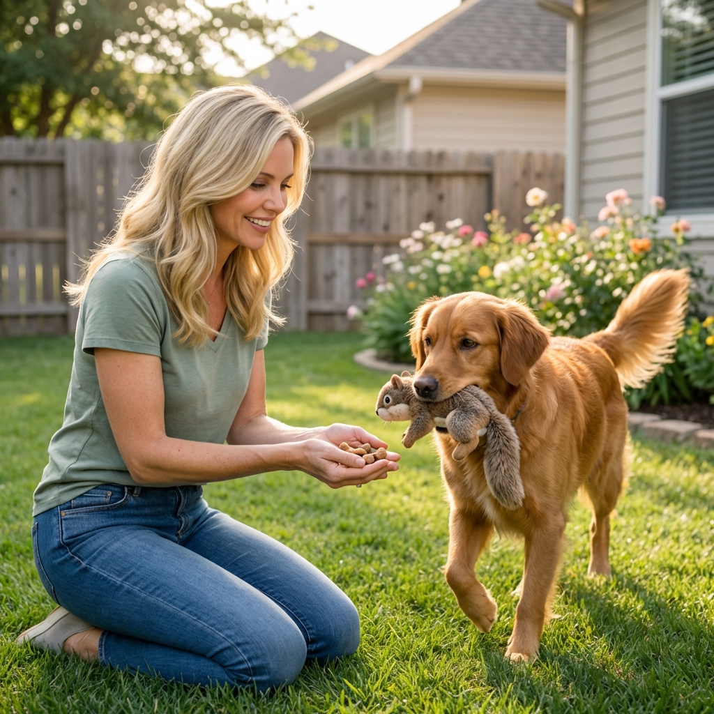 A person kneeling in a backyard holding treats while a dog approaches carrying a plush toy