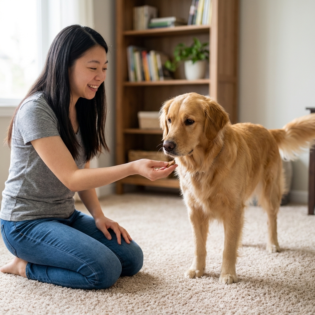 A person kneeling on a carpet in a quiet room while a dog stands facing them, focused on a treat
