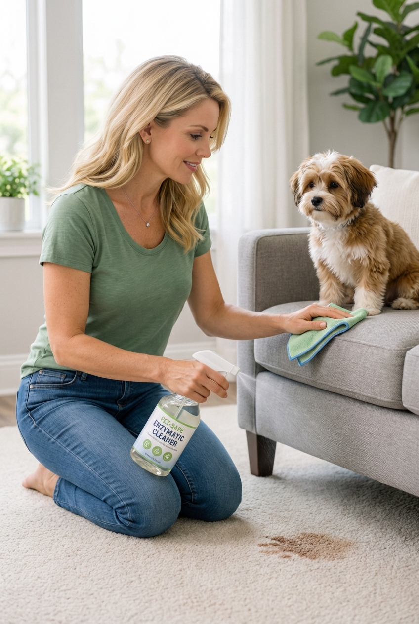 A person kneeling on carpet applying a pet-safe enzymatic cleaner to a small area near a sofa