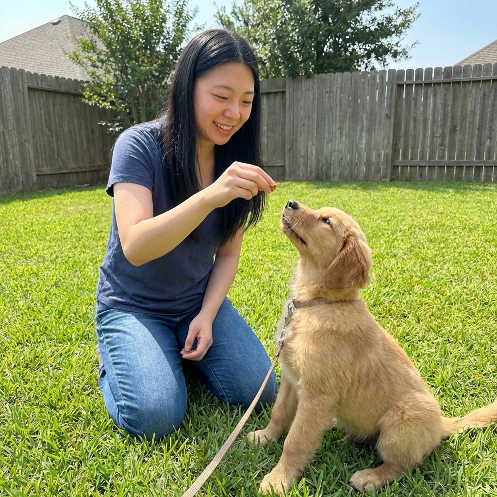 A person kneeling to reward a puppy with a treat on a leash in a grassy backyard