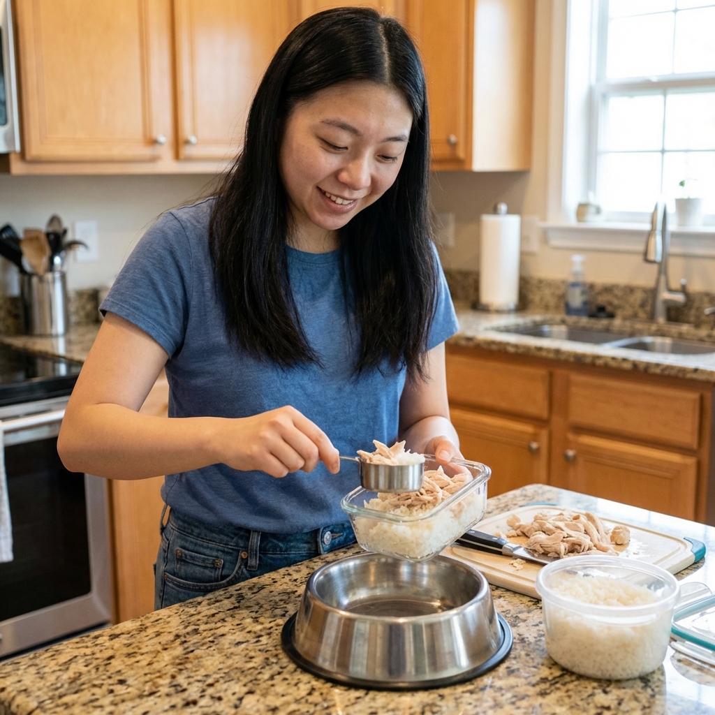 A person measuring a small portion of boiled chicken and white rice into a dog bowl on a kitchen counter