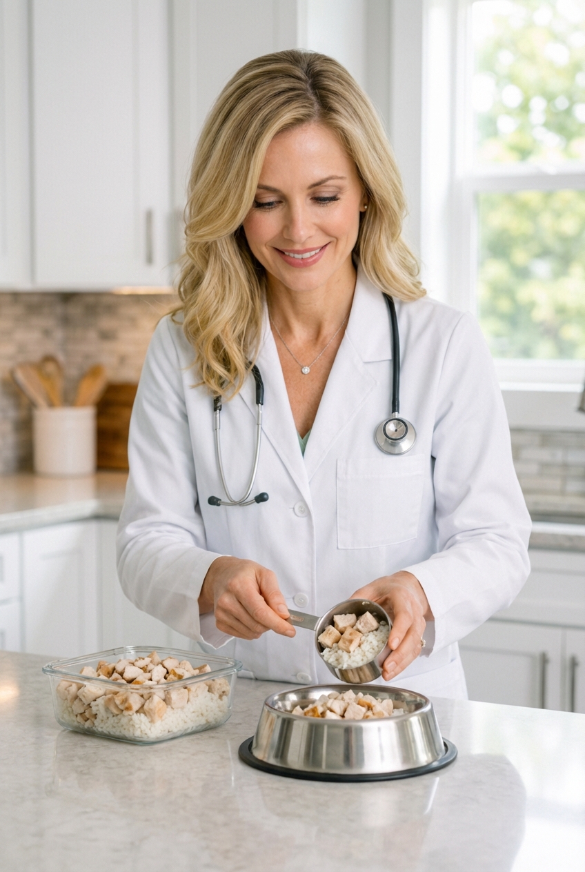 A person measuring a small portion of cooked chicken and rice into a dog bowl on a kitchen counter