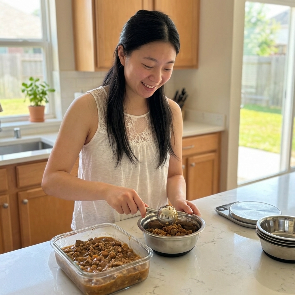 A person measuring cooked dog food into a bowl on a clean kitchen counter