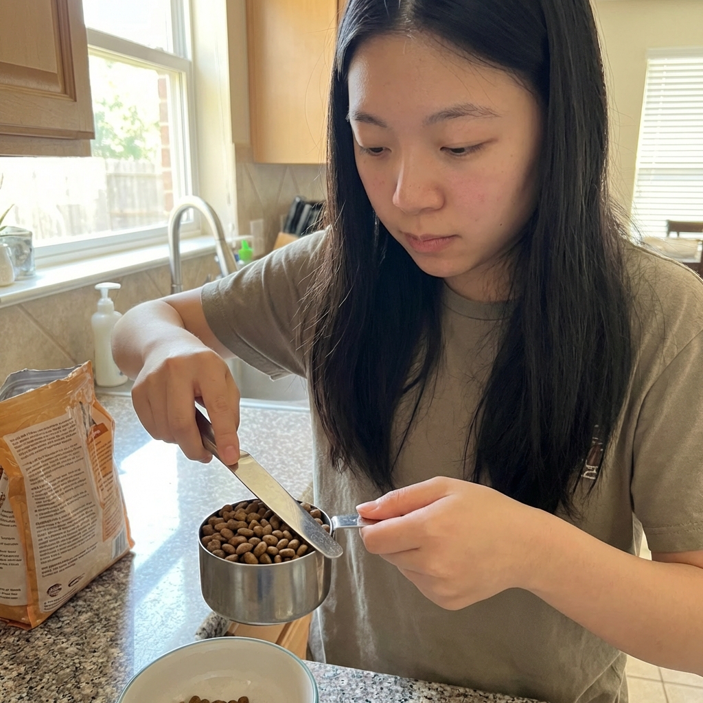 A person measuring dry cat food with a level measuring cup over a counter