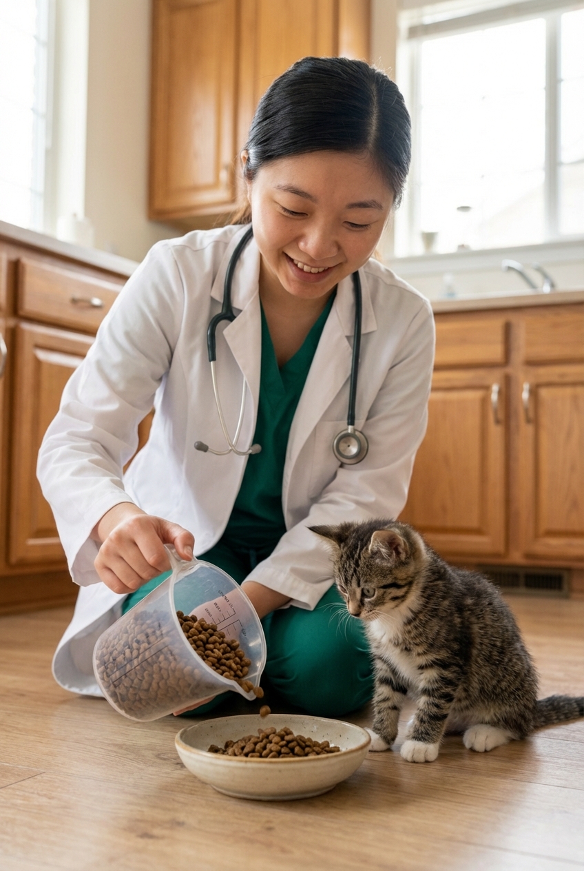 A person measuring dry kitten food with a measuring cup next to a kitten