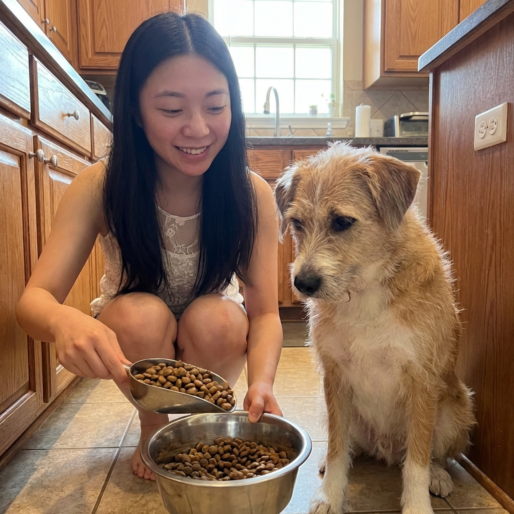A person measuring kibble with a scoop next to a calm mixed-breed dog waiting in the kitchen