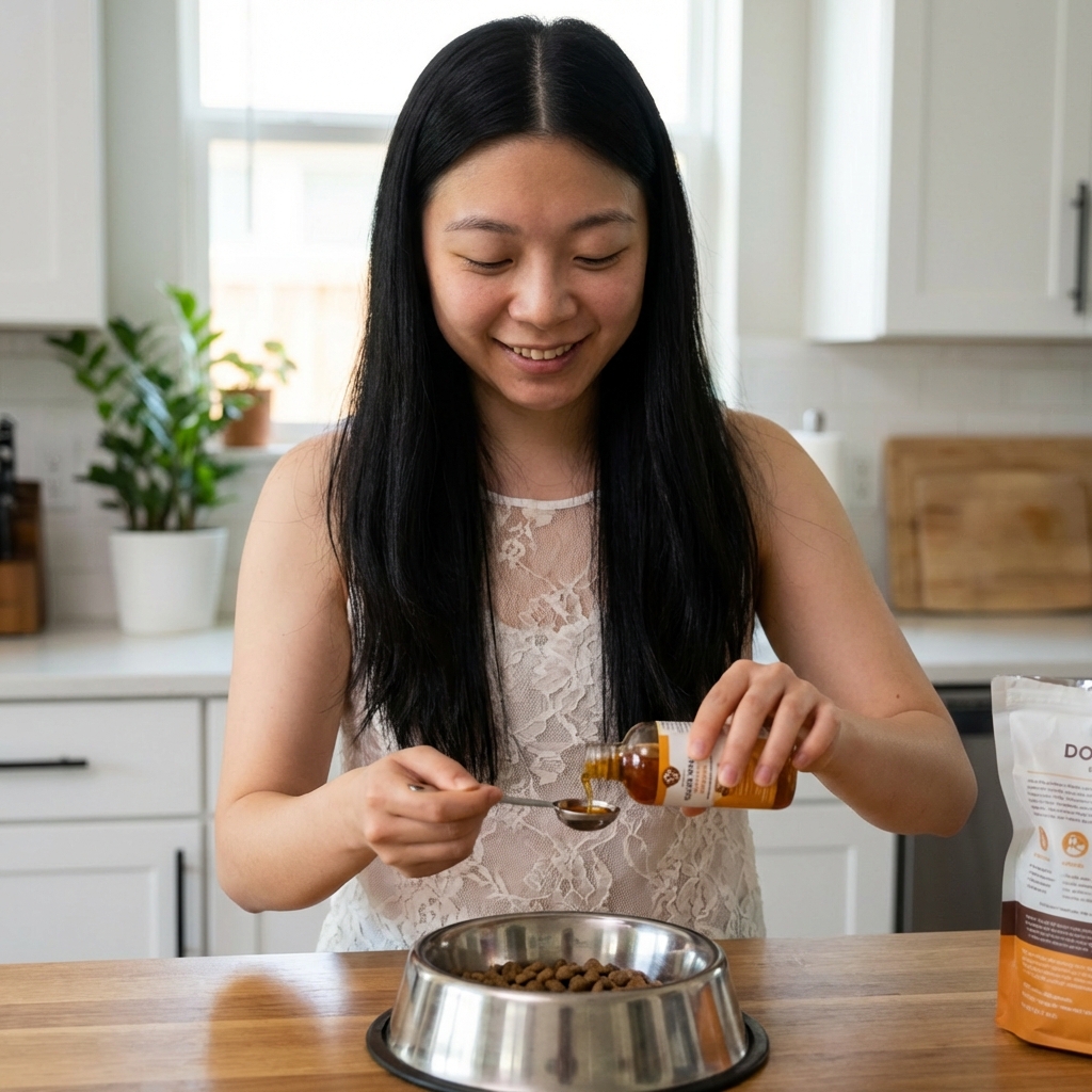 A person measuring liquid supplement next to a dog food bowl in a kitchen