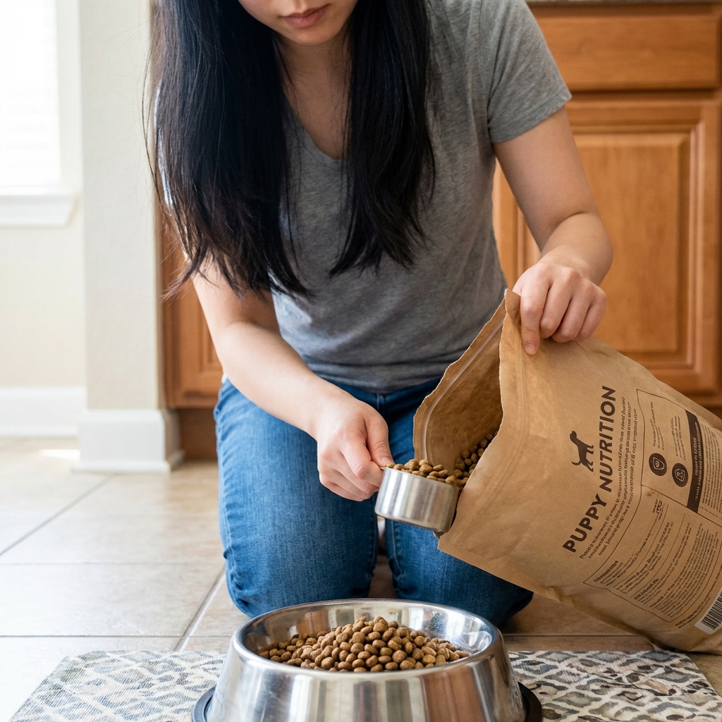 A person measuring puppy kibble into a bowl on a kitchen floor
