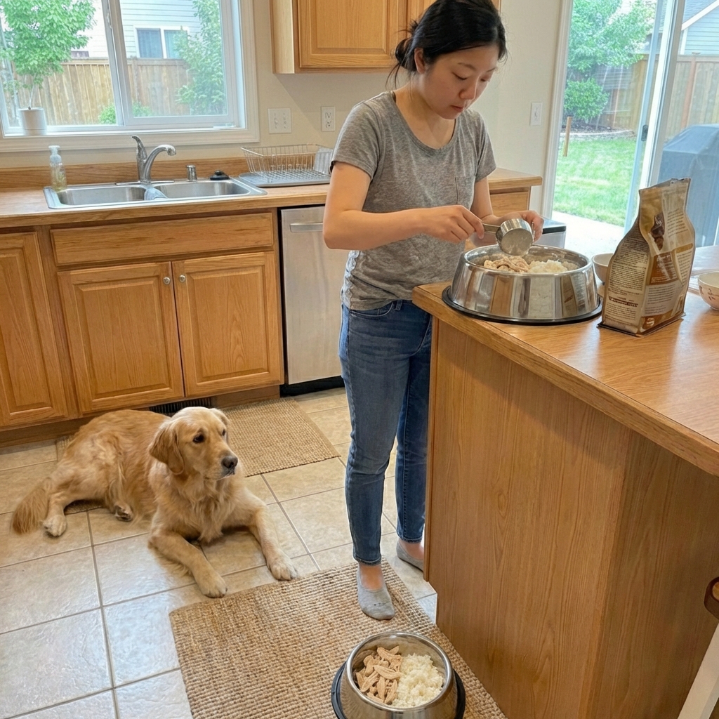 A person measuring small portions of bland dog food into a bowl with a measuring cup in a bright kitchen