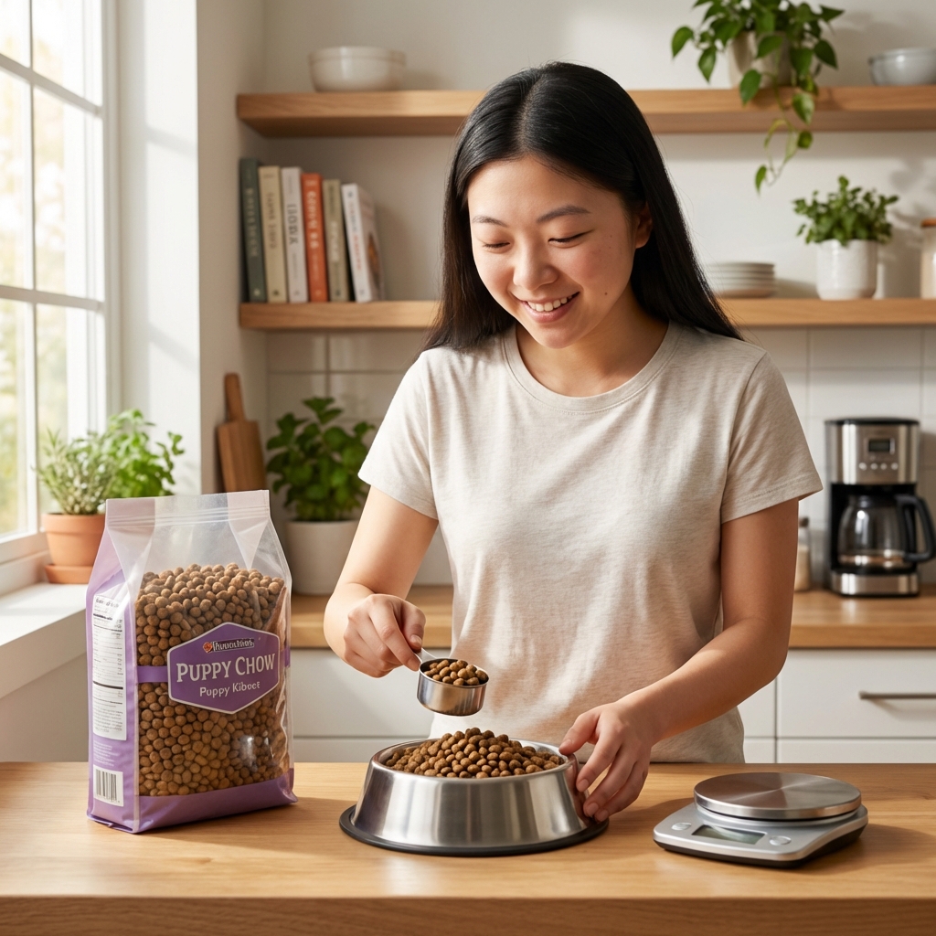 A person measuring small portions of puppy kibble into a bowl on a kitchen counter