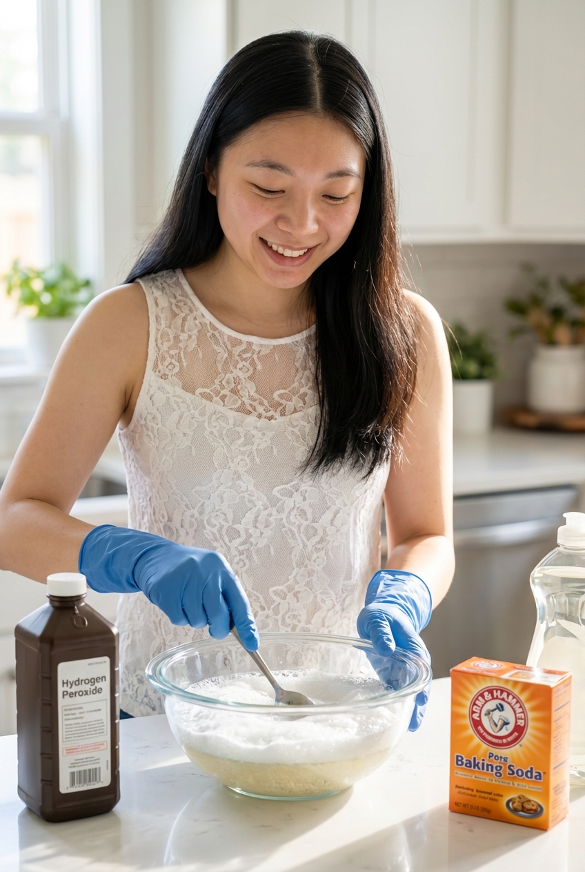 A person mixing hydrogen peroxide, baking soda, and dish soap in a bowl on a counter next to rubber gloves