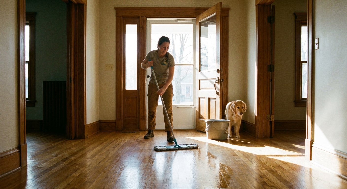 A person mopping a hardwood floor with a microfiber mop near a doorway