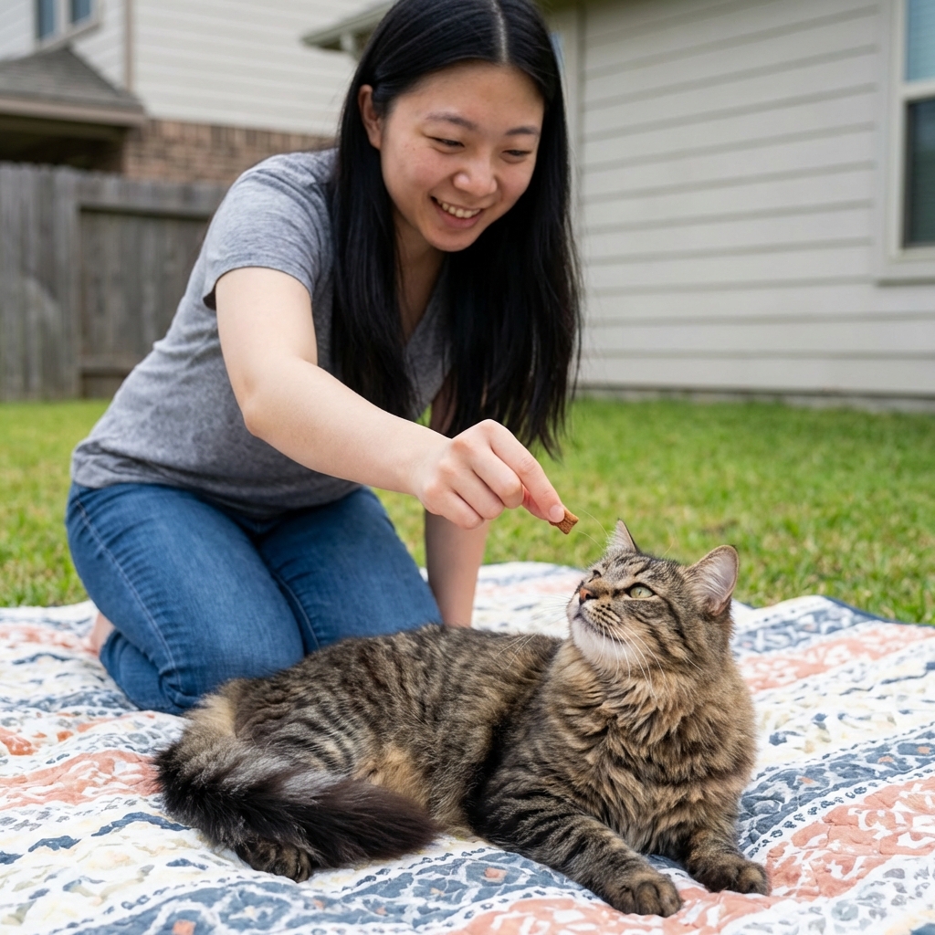A person offering a cat a small treat while the cat rests on a blanket